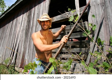 man working on barn