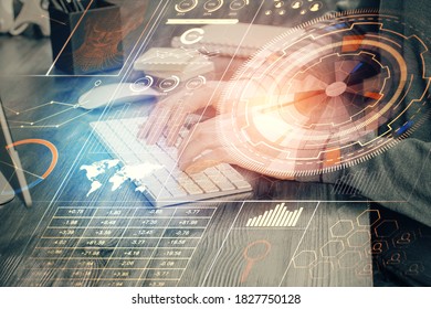 A man working on computer with technology theme drawing. Concept of big data. Multi exposure.