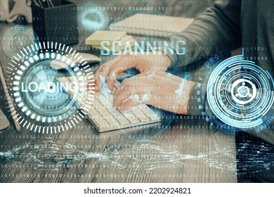 A man working on computer with technology theme drawing. Concept of big data. Multi exposure.