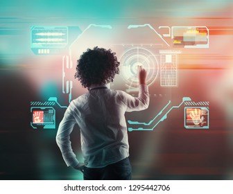 Man working on a futuristic media interface.