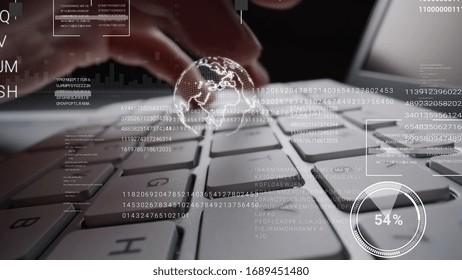 Man working on laptop computer keyboard with graphic user interface GUI hologram showing concepts of big data science technology, digital network connection and computer programming algorithm.