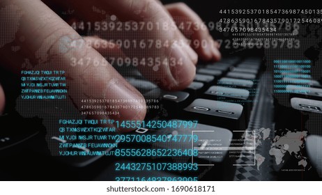 Man working on laptop computer keyboard with graphic user interface GUI hologram showing concepts of big data science technology, digital network connection and computer programming algorithm.