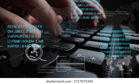 Man working on laptop computer keyboard with graphic user interface GUI hologram showing concepts of big data science technology, digital network connection and computer programming algorithm.