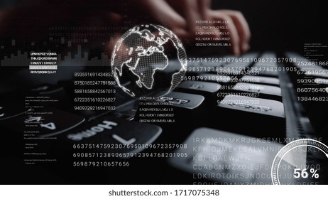 Man working on laptop computer keyboard with graphic user interface GUI hologram showing concepts of big data science technology, digital network connection and computer programming algorithm.