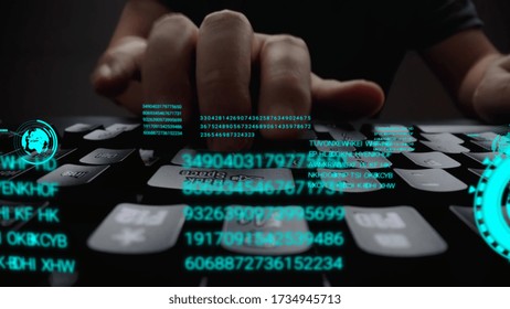 Man working on laptop computer keyboard with graphic user interface GUI hologram showing concepts of big data science technology, digital network connection and computer programming algorithm.