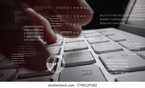 Man working on laptop computer keyboard with graphic user interface GUI hologram showing concepts of big data science technology, digital network connection and computer programming algorithm.