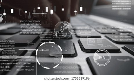 Man working on laptop computer keyboard with graphic user interface GUI hologram showing concepts of big data science technology, digital network connection and computer programming algorithm.