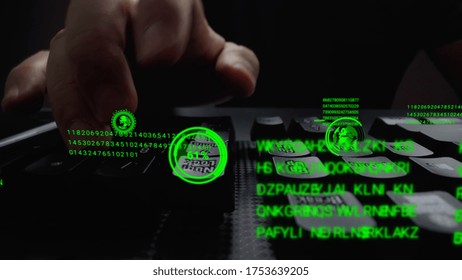 Man working on laptop computer keyboard with graphic user interface GUI hologram showing concepts of big data science technology, digital network connection and computer programming algorithm.