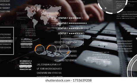 Man working on laptop computer keyboard with graphic user interface GUI hologram showing concepts of big data science technology, digital network connection and computer programming algorithm.