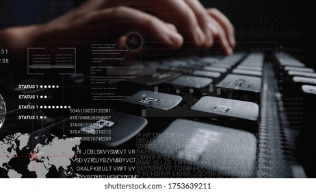 Man working on laptop computer keyboard with graphic user interface GUI hologram showing concepts of big data science technology, digital network connection and computer programming algorithm.