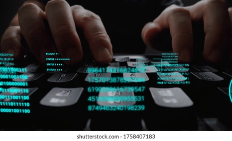 Man working on laptop computer keyboard with graphic user interface GUI hologram showing concepts of big data science technology, digital network connection and computer programming algorithm.