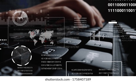 Man Working On Laptop Computer Keyboard With Graphic User Interface GUI Hologram Showing Concepts Of Big Data Science Technology, Digital Network Connection And Computer Programming Algorithm.