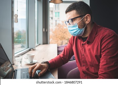 Man Working On Laptop With Foggy Glasses, Face Mask Problems 