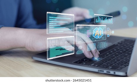 A man is working on a laptop with a futuristic interface displaying AI agents and a data analytics dashboard, symbolizing artificial intelligence, machine learning, big data, automation,