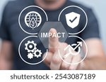 Man working on virtual touch screen presses word: IMPACT. Impact Business Environmental Governance Investment ESG Concept. Sustainability and responsibility.