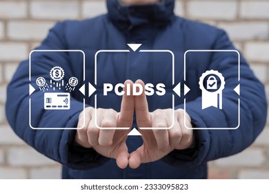 Man working on virtual touch screen of future presses abbreviation: PCIDSS. Concept of PCI DSS - Payment Card Industry Data Security Standard.