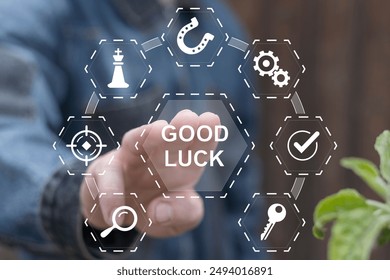 Man working on virtual touch screen presses inscription: GOOD LUCK. Good luck, fortune, success, prosperity business finance social concept.