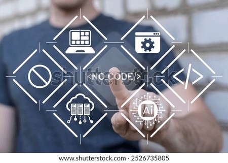Man working on virtual touch screen sees inscription: NO CODE. No code platform for mobile applications programming concept. Low coding developing application. No-code web software development.