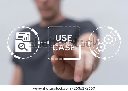 Man working on virtual touch screen presses inscription: USE CASE. Use case analysis business technology concept. Case study education.