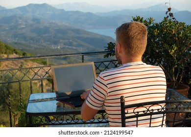 Man Working Online Laptopcomputer Balcony Breathtaking Stock Photo ...