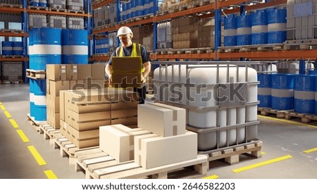 Man working in warehouse. Loader putting box on pallets. Guy among barrels and parcels. Man in warehouse hangar. Production facility area. Retail warehouse. Distribution, logistics, fulfillment