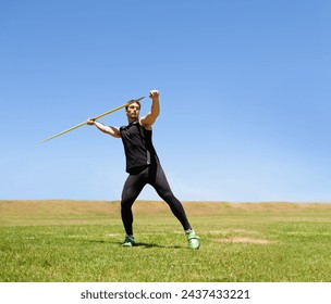 Man, workout and javelin throw or sport competition on grass for athlete fitness or outdoor, strength or training. Male person, challenge and target strong or exercise performance, aim or wellness - Powered by Shutterstock