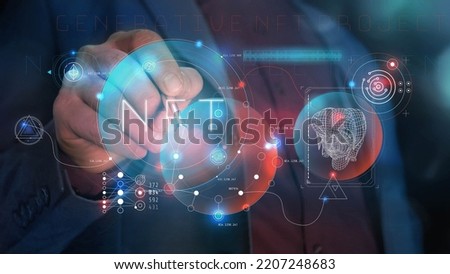 A man works with a virtual NFT panel