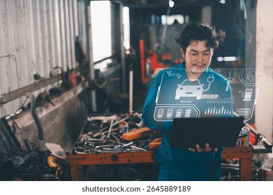 A man in a workshop uses a laptop with a holographic interface displaying eco-friendly electric car data.