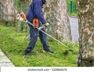 Man with worn bush cutter trims overgrown lawn round trees next to road