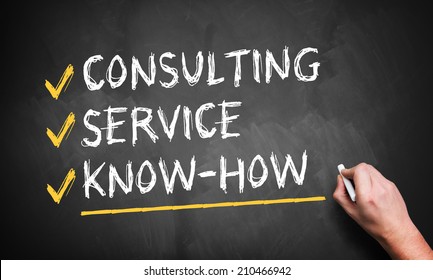 man writing consulting, service, know how on a blackboard