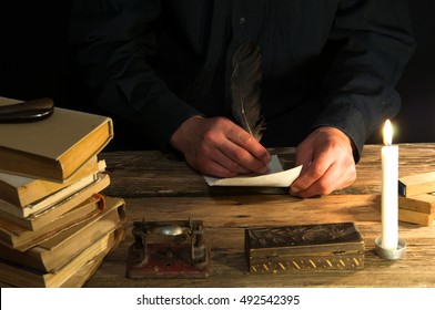 Man Writing A Letter With Quill And Sealing. Vintage