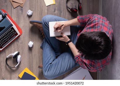 Man Writing In Notebook Noting Thinking Idea Solitions. Student Man Online Larning. Creative Inspiration Study Concept