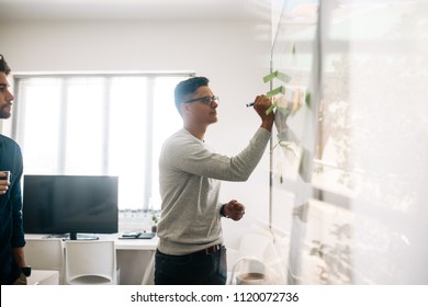 Man Writing On Board In The Meeting Room While His Colleague Looks On. Application Developers In The Board Room Discussing Ideas And Writing On Board Having Adhesive Post Its On It.