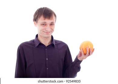 Man Wry Face Grimace Holding Sour Fruit, Isolate On White Background.