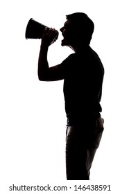 Man Yelling In A Megaphone In Silhouette Isolated Over White Background 