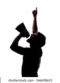 Man Yelling In A Megaphone In Silhouette Isolated Over White Background 