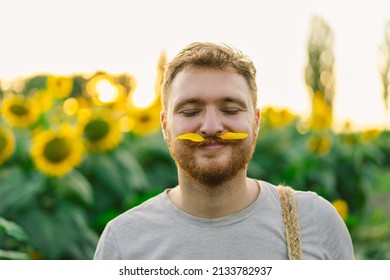 Man With Yellow Flowers In Mustache. Breathe Free. A Man Has Fun In Nature. Happy Man No Allergy. Spring Allergy Concept. Springtime