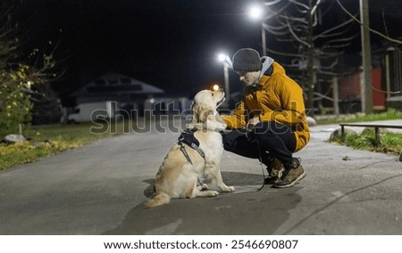 A man in a yellow jacket interacts lovingly with his Golden Retriever during a nighttime walk on a quiet suburban street. High quality photo
