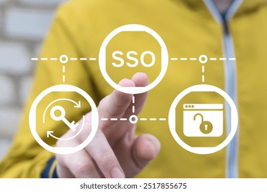 Man in yellow using virtual touch screen presses abbreviation: SSO. Concept of SSO Single Sign On. Single Sign-On is an authentication process with a single set of login credentials.