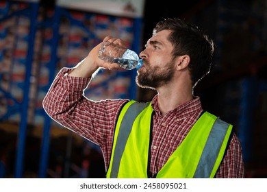 A man in a yellow vest is drinking water. Concept of staying hydrated while working in a warehouse - Powered by Shutterstock