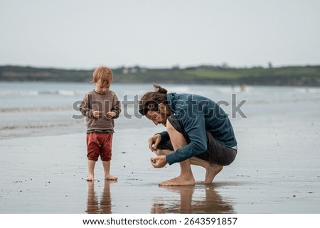 A man and a young child looking for shells on the beach near the shoreline.