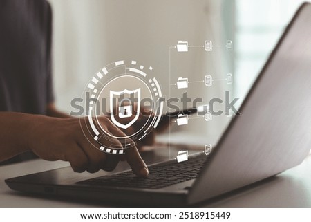 Management cybersecurity technology, security document information business login file folder, concept digital security corporate database professional company, connection laptop server cloud screen.