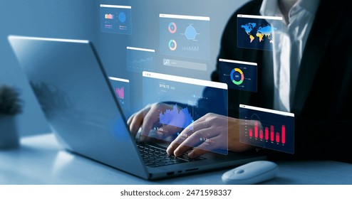 Management data System KPI connected in database for follow earnings,operations and sales data.Businessman using KPI dashboard.Financial business data analytics graph dashboard.
