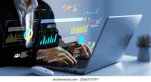 Management data System KPI connected in database for follow earnings,operations and sales data.Businessman using KPI dashboard.Financial business data analytics graph dashboard. 