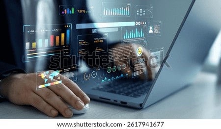 Management data System KPI connected in database for follow earnings,operations and sales data. Businessman using KPI dashboard.Financial business data analytics graph dashboard.