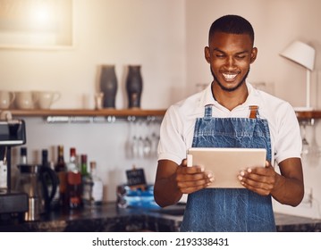 Management, Planning And Stock With Happy Restaurant Manager Checking Inventory On Digital Tablet. Proud Employee Feeling Successful While Doing Online Task, Reading, Using App To Target Budget Cuts