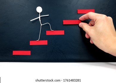 Management Support And Career Development Concept. Hand Fixing Broken Ladder With Human Stick Figure Climbing.