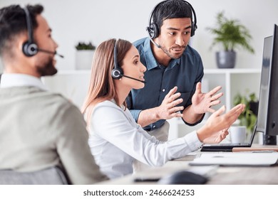 Manager, assistance and call center agent with headphones for customer service, crm or support. Sales representative, people and telemarketing with help or collaboration for consulting and networking - Powered by Shutterstock