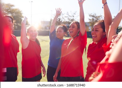 Manager Breaking From Huddle With Womens Football Team After Pep Talk Before Soccer Match