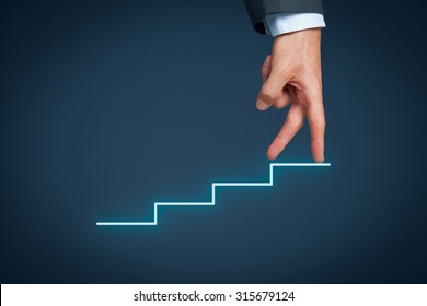 Manager (businessman, Coach, Leadership) Has Success And Want To Growth Further. Growth And Personal Development Represented By Stairs.
